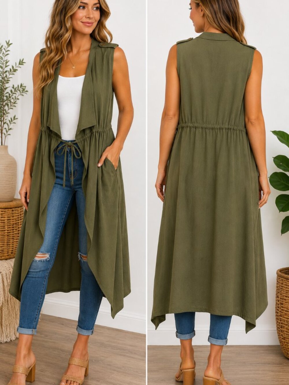 Giddy Up Glamour XL Olive Green Long Duster Vest Draped Boho Tie Waist